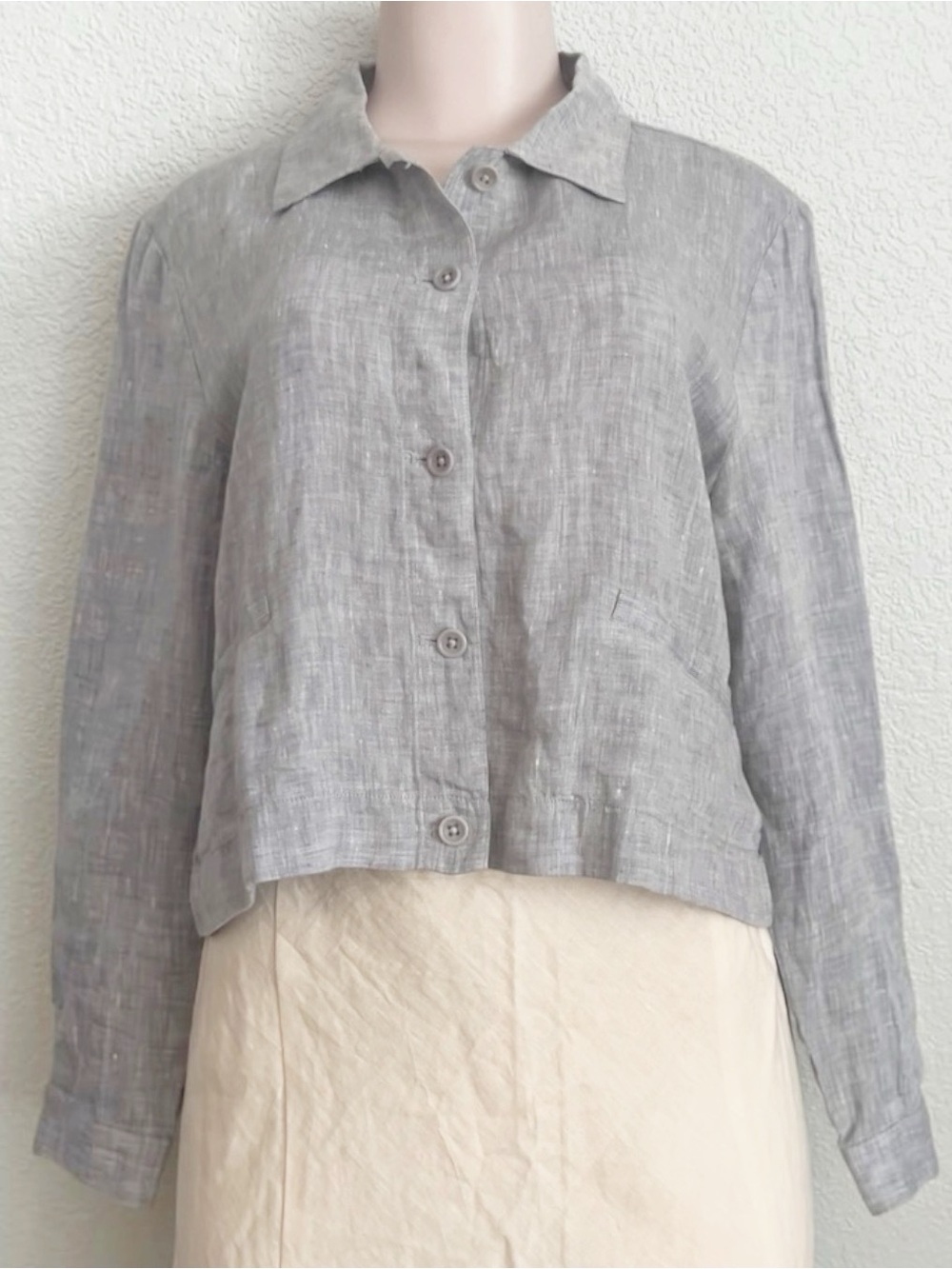Eileen Fisher Gray 100% Organic Linen Cropped Jacket Blazer PM Lagenlook Preppy